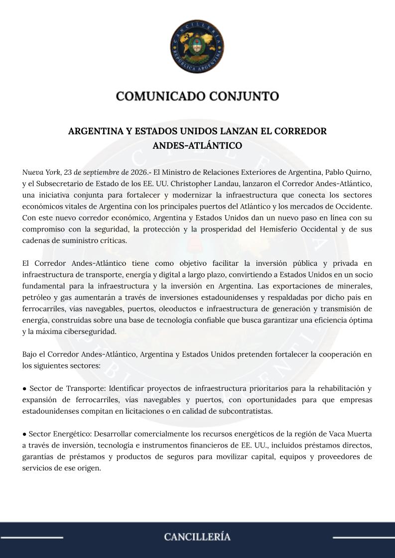 Integración estratégica y mil millonarias inversiones: Argentina y Estados Unidos lanzan oficialmente el Corredor Andes-Atlántico