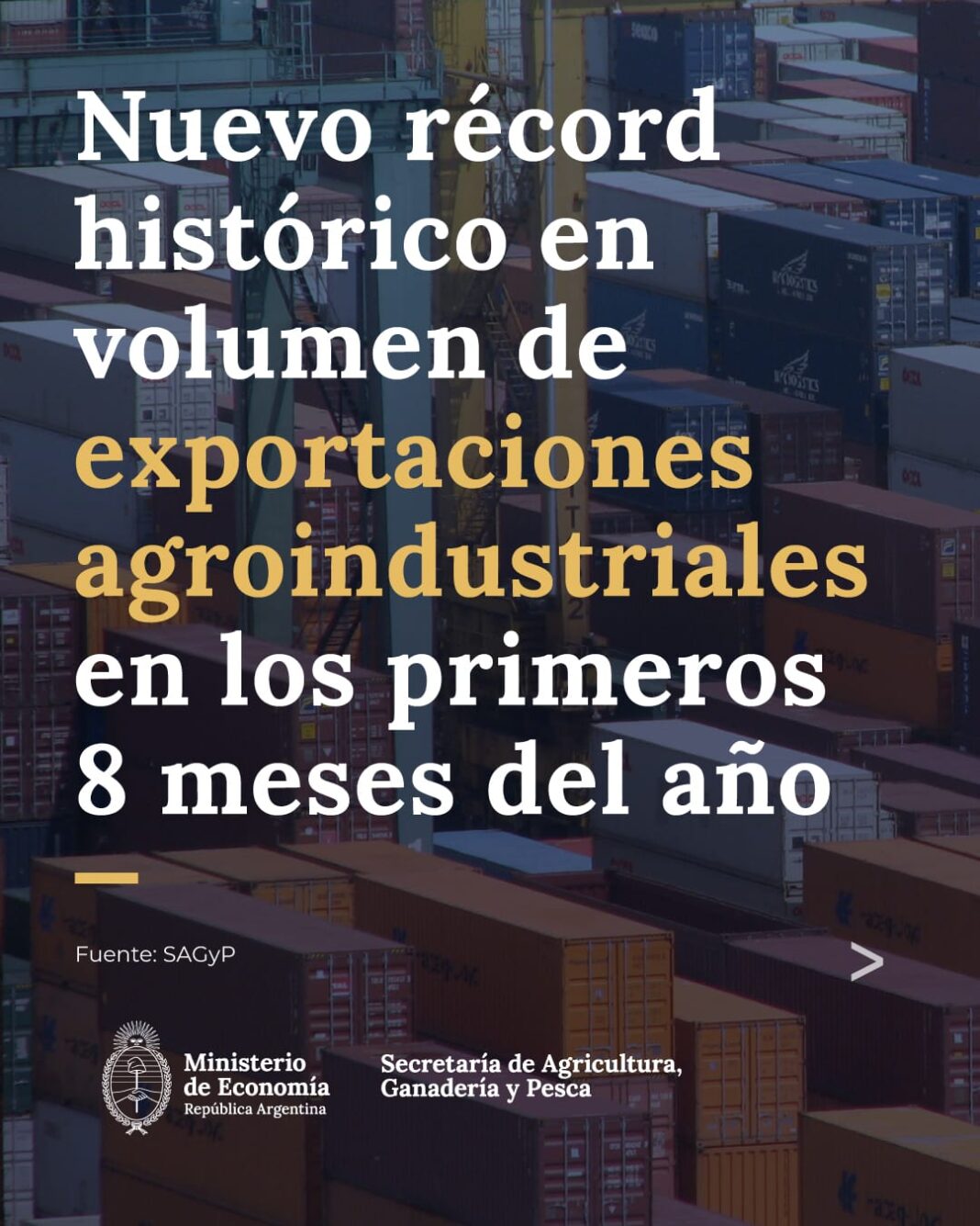 RÉCORD HISTÓRICO DE EXPORTACIONES AGROINDUSTRIALES EN LOS PRIMEROS 8 MESES DEL AÑO