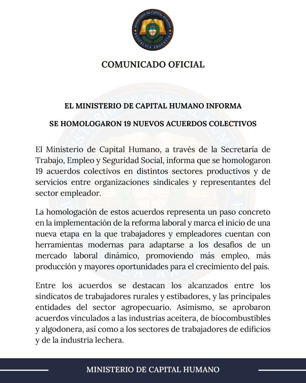 Reforma laboral en marcha: el Gobierno Nacional homologó 19 nuevos acuerdos colectivos para modernizar el empleo y potenciar la producción